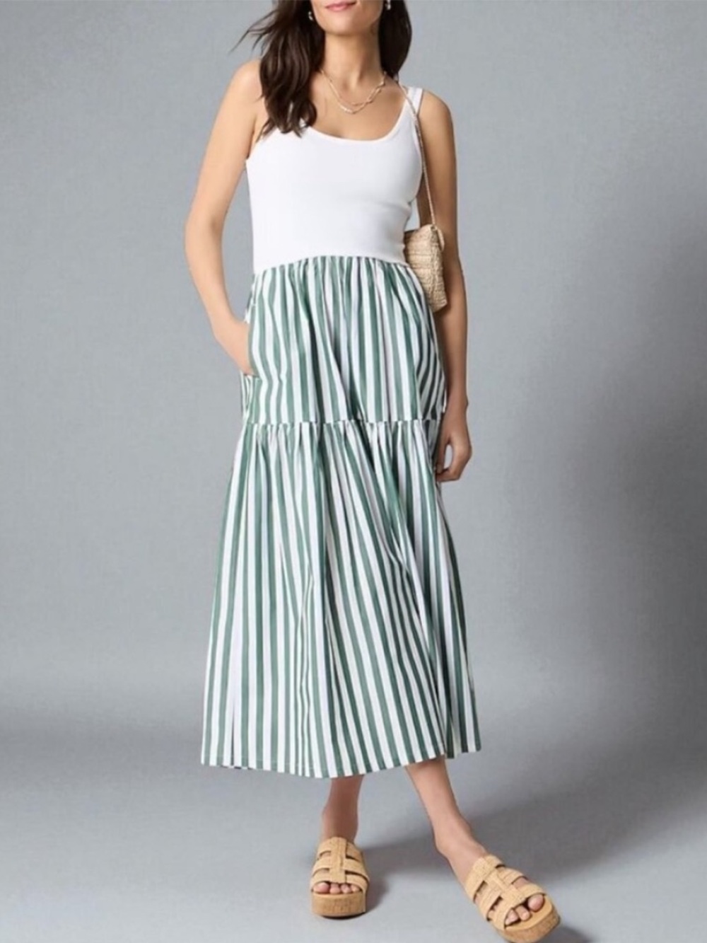 J Crew Fac NWT Petite Striped Tiered Knit Mixy Dress Size PS in Green & White